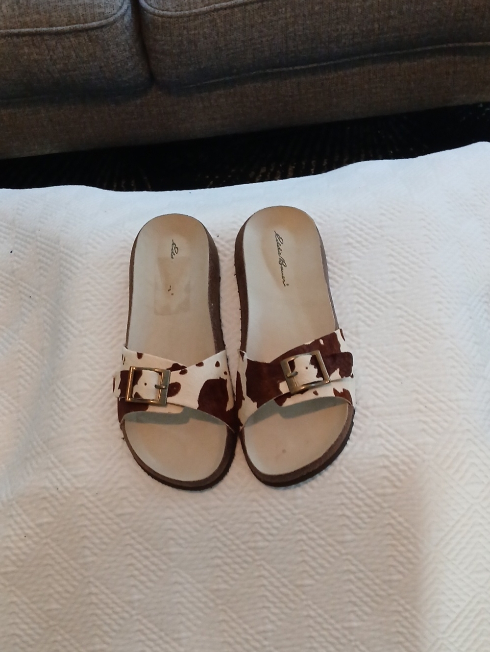 Girls Cow-Print Slide Sandals with Gold Buckle - Brown & White